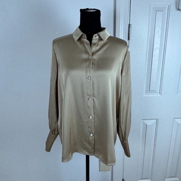 Halogen Satin Button Up Blouse Crystal Buttons in Champagne Tan Size M New - Picture 1 of 8